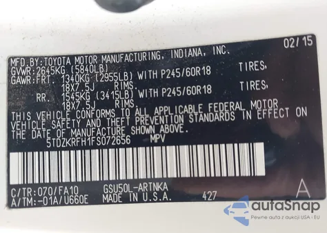 2015 Toyota Highlander Le Plus V6 from USA, damaged, VIN 5TDZKRFH1FS072656